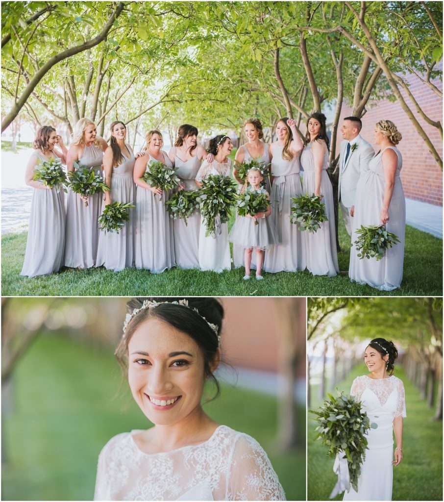 bridesmaids maxi dress green bouquet