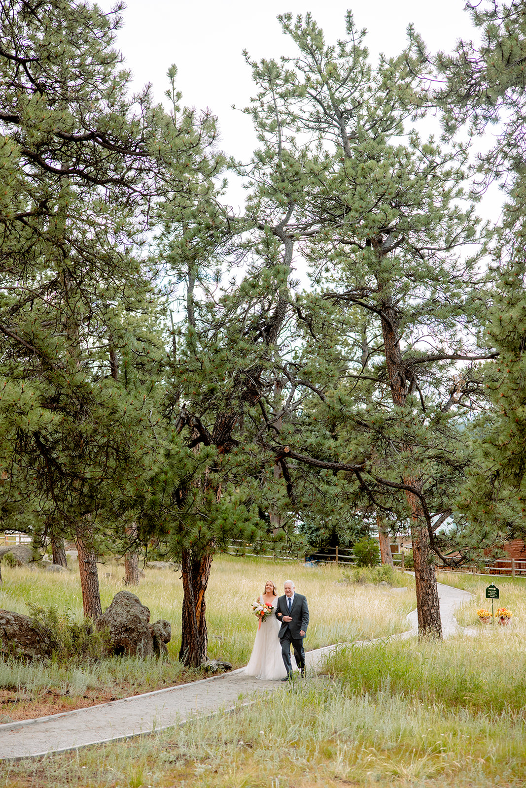 bride and her father walking in to the wedding ceremony underneath large pine trees