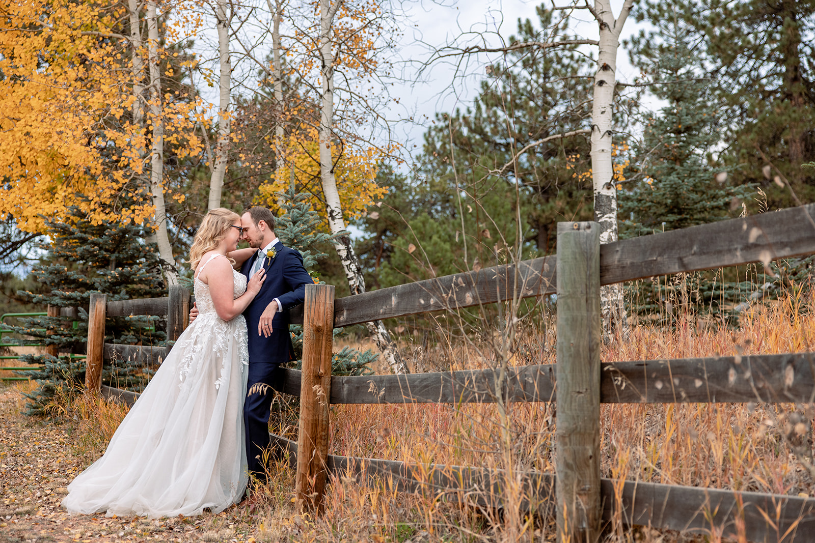 wedding couple after ceremony leaning forheads towards each other in front of some yellow aspens in fall