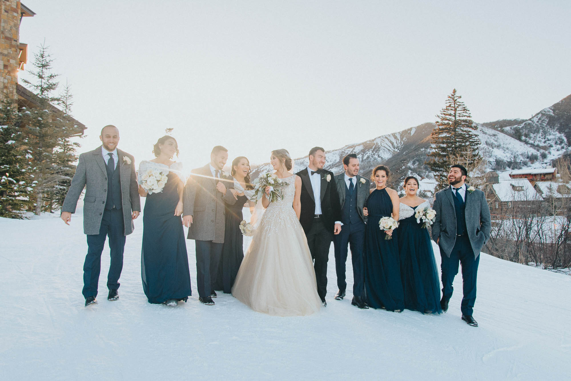 Wedding party portait under ski lift at Viceroy Snowmass