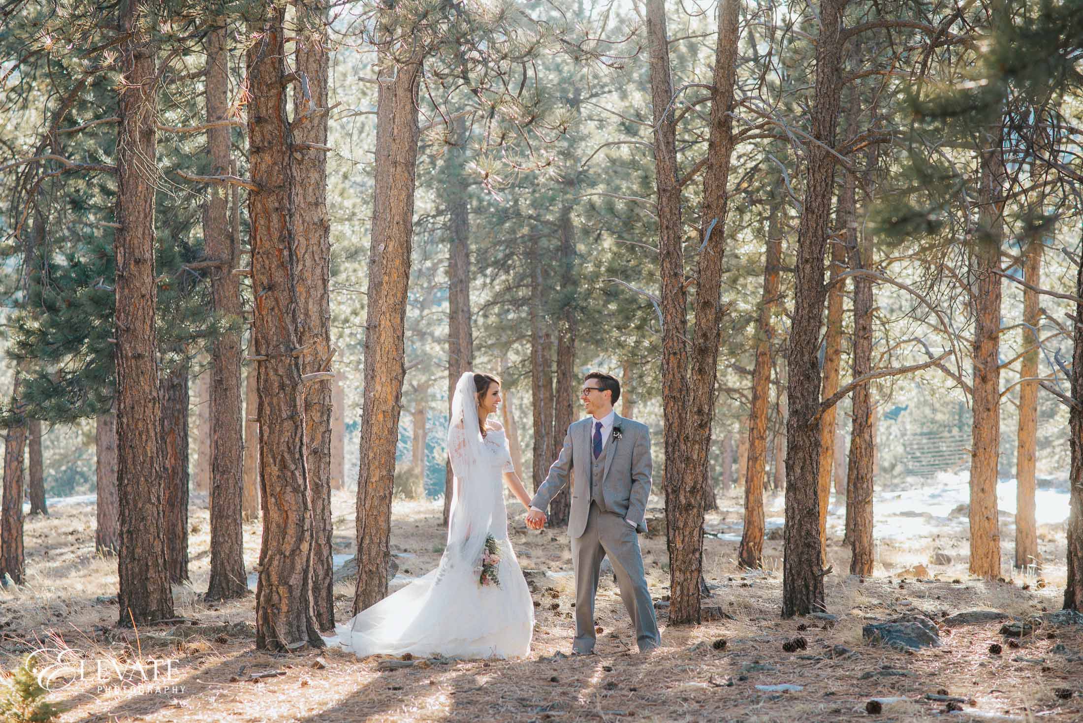 bride groom woods sunlight