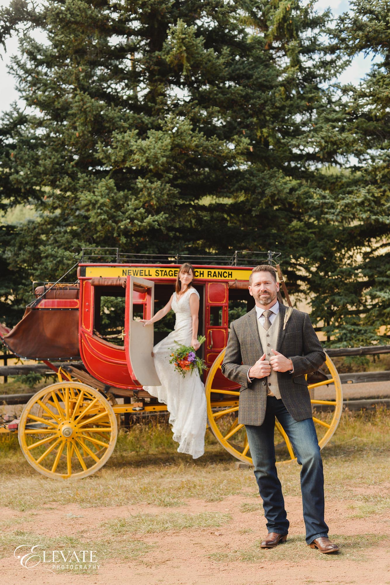Wedding couple with horse and carriage