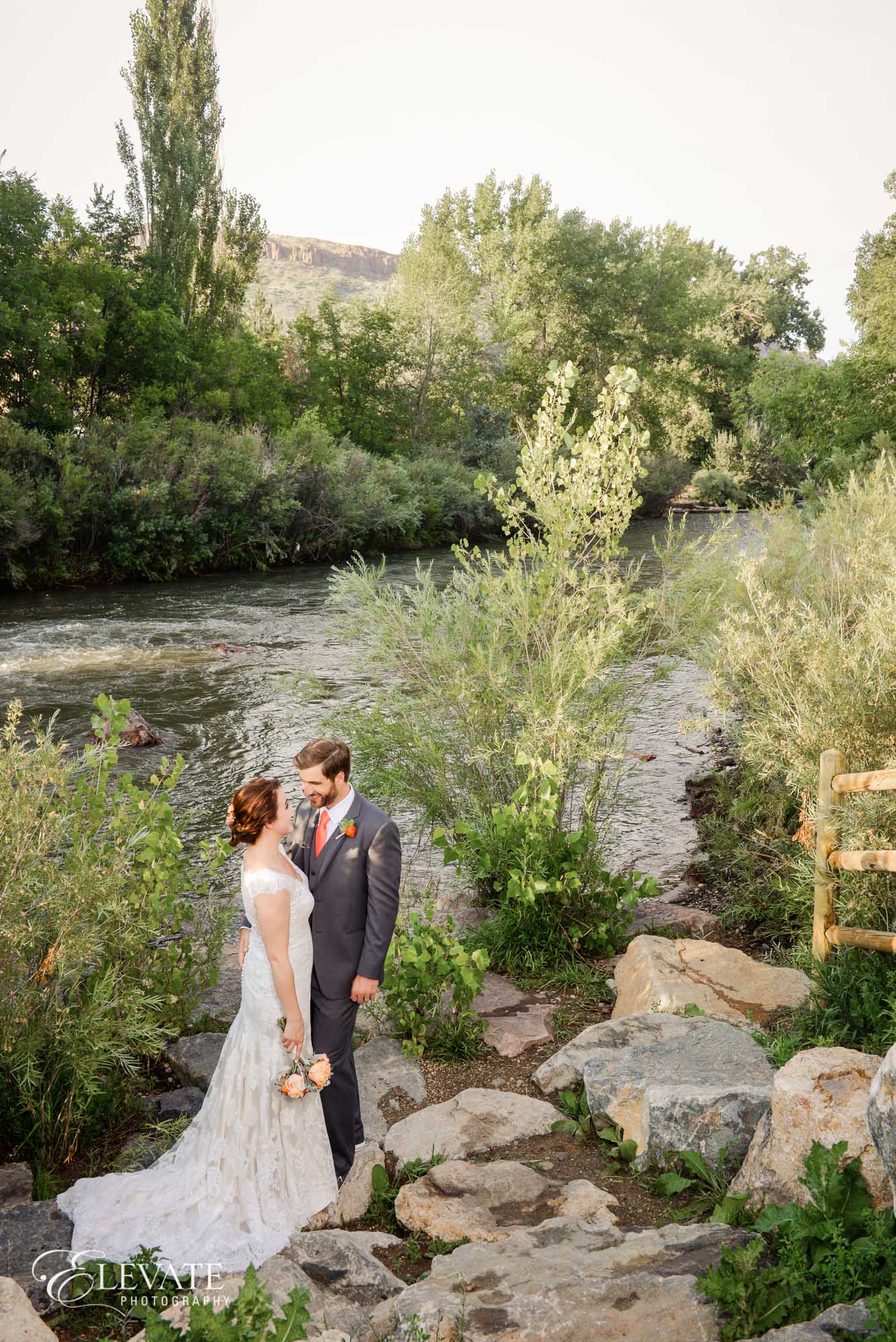 bride and groom Clear Creek river