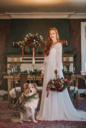 bride and dog inside